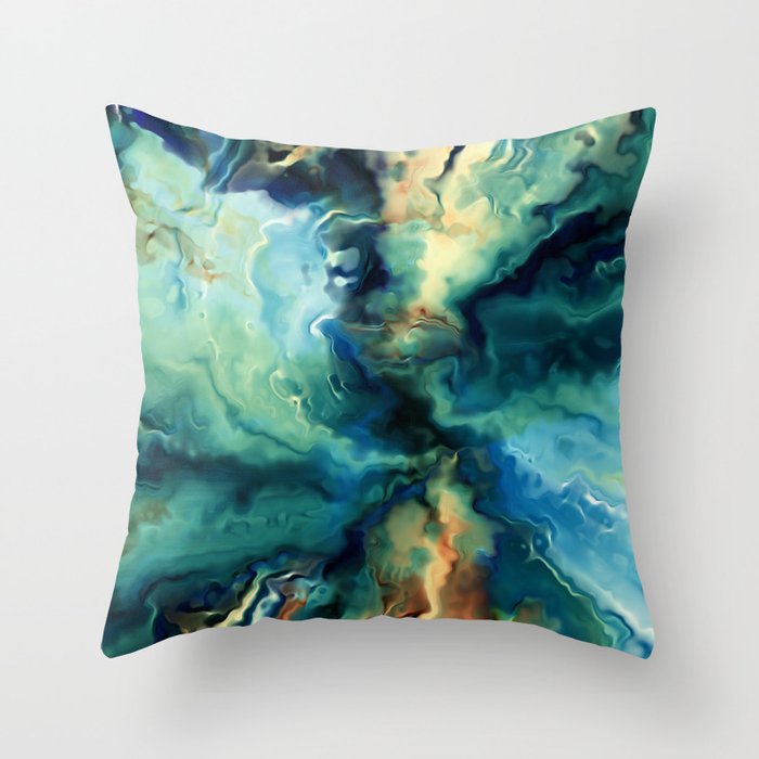 Marbled Ocean Abstract, Navy, Blue, Teal, Green Throw Pillow