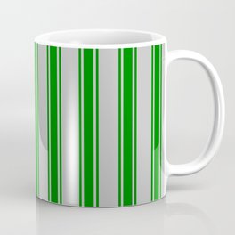 [ Thumbnail: Grey and Green Colored Stripes Pattern Coffee Mug ]