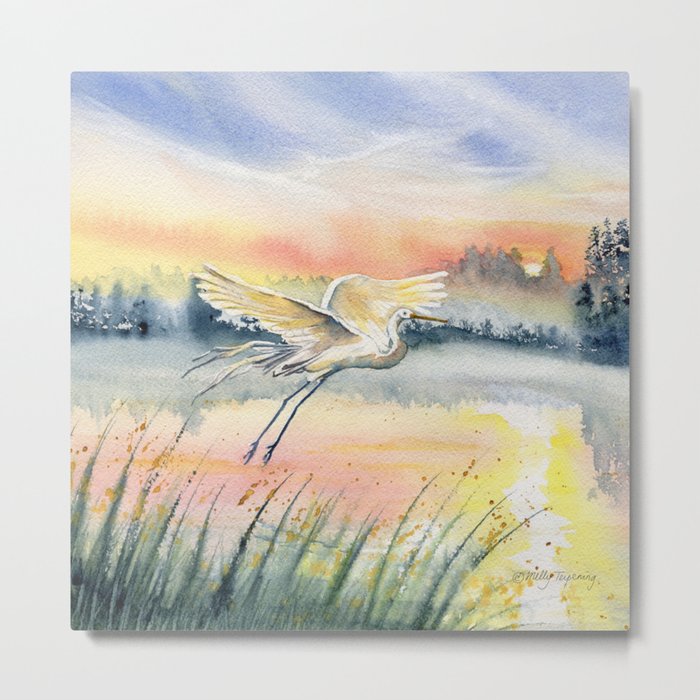 Egret-Flying in The Dawn Metal Print