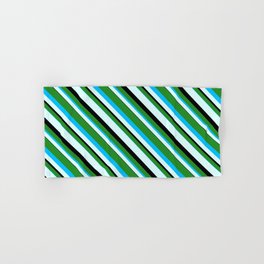 [ Thumbnail: Forest Green, Deep Sky Blue, Light Cyan & Black Colored Stripes/Lines Pattern Hand & Bath Towel ]