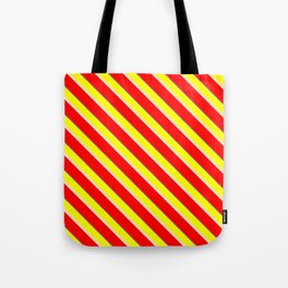 [ Thumbnail: Yellow, Bisque, Red & Gray Colored Striped/Lined Pattern Tote Bag ]