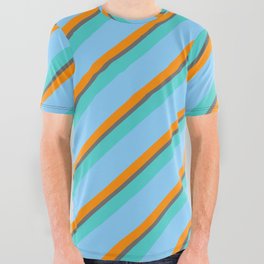 [ Thumbnail: Light Sky Blue, Dark Orange, Dim Grey & Turquoise Colored Striped Pattern All Over Graphic Tee ]