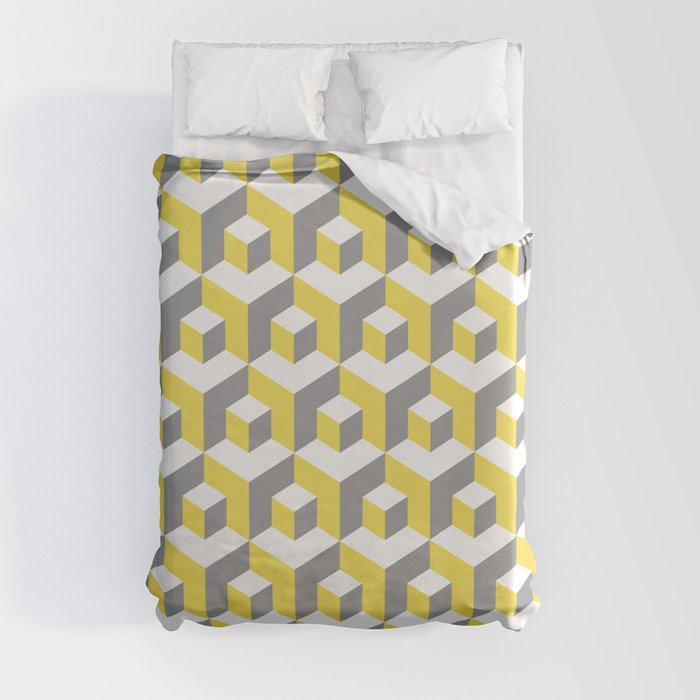 lluminating yellow and ultimate gray seamless isometric pattern. Grey, white and yellow abstract endless isometric background. Seamless geometric pattern. illustration Duvet Cover