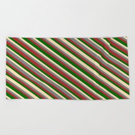 [ Thumbnail: Tan, Gray, Brown & Dark Green Colored Lines/Stripes Pattern Beach Towel ]