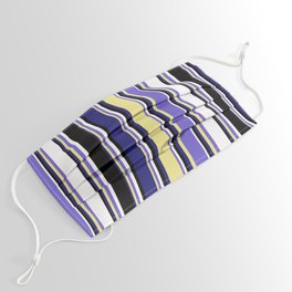 [ Thumbnail: Colorful Midnight Blue, Tan, Slate Blue, White, and Black Colored Lined/Striped Pattern Face Mask ]