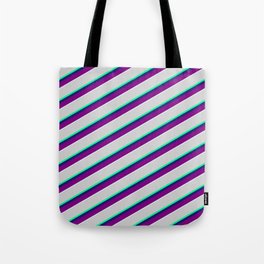 [ Thumbnail: Vibrant Light Gray, Green, Midnight Blue, Purple & Light Cyan Colored Striped/Lined Pattern Tote Bag ]