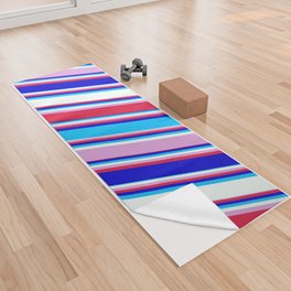 [ Thumbnail: Colorful Plum, Crimson, Blue, Deep Sky Blue, and Mint Cream Colored Lined/Striped Pattern Yoga Towel ]