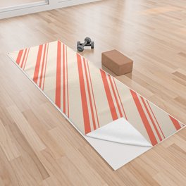 [ Thumbnail: Red & Beige Colored Lines/Stripes Pattern Yoga Towel ]