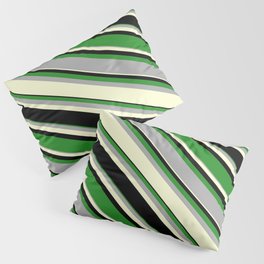 [ Thumbnail: Forest Green, Dark Grey, Light Yellow, and Black Colored Pattern of Stripes Pillow Sham ]