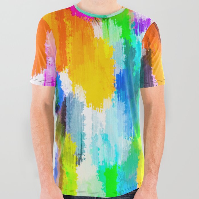 abstract splatter brush stroke painting texture background in orange pink blue yellow All Over Graphic Tee