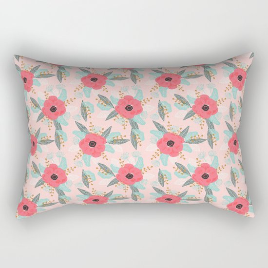 Poppies pink pastel red florals flowers pattern boho dorm college trendy garden plants poppy flower Rectangular Pillow