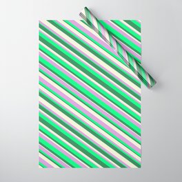 [ Thumbnail: Beige, Plum, Green, and Sea Green Colored Striped Pattern Wrapping Paper ]