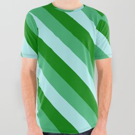 [ Thumbnail: Green, Sea Green, and Turquoise Colored Lined/Striped Pattern All Over Graphic Tee ]