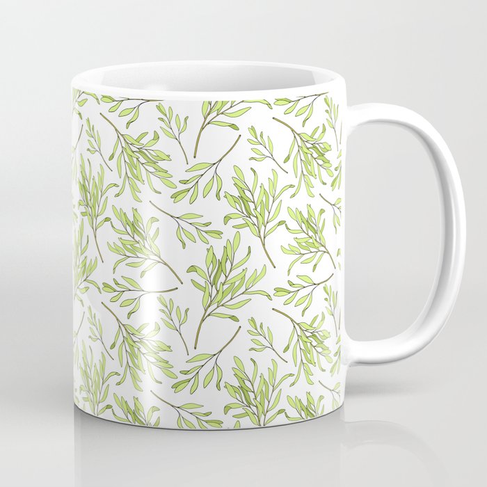 Tea tree leaves seamless pattern. Hand drawn vintage illustration of Melaleuca. Green medicinal plant isolated on white background.  Coffee Mug