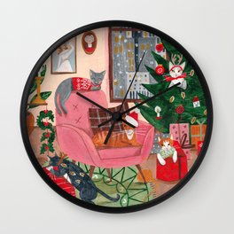 Festive retro Christmas cats modern traditional holiday Wall Clock | Christmastree, Modern, Cute, Traditionalholiday, Vintage, City, Snow, Green, Children, Festive 