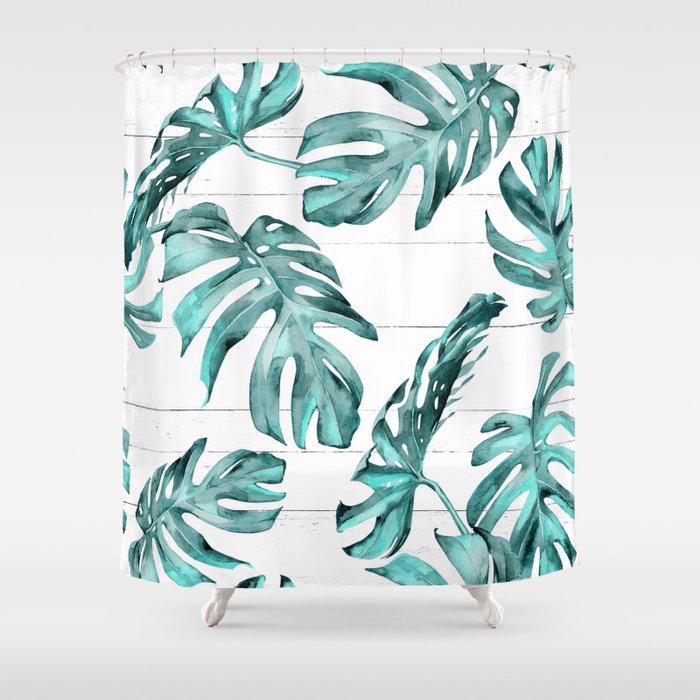 Turquoise Palm Leaves on White Wood Shower Curtain