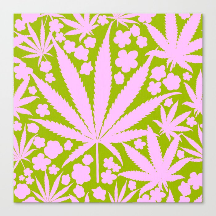 Retro Modern Cannabis And Flowers Pastel Pink On Green Canvas Print