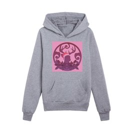 Pink Christmas Ornate Circle Patterned Reindeer with Santa Hat and Poinsettias Kids Pullover Hoodies