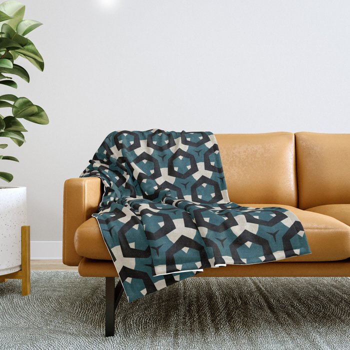 Modern, abstract, geometric pattern with hexagon shapes in deep sea green, bone, tan and black Throw Blanket
