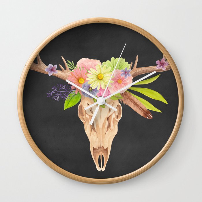 Deer Skull and Flowers Wall Clock