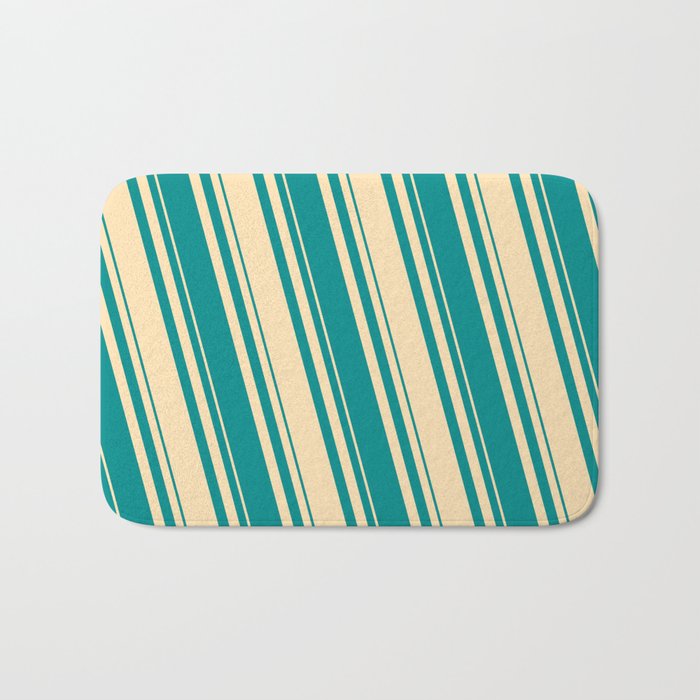 Beige & Dark Cyan Colored Lines/Stripes Pattern Bath Mat