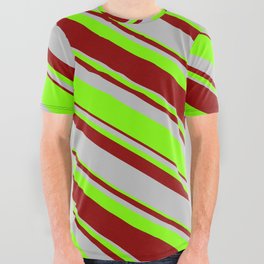 [ Thumbnail: Dark Red, Grey & Chartreuse Colored Lined/Striped Pattern All Over Graphic Tee ]
