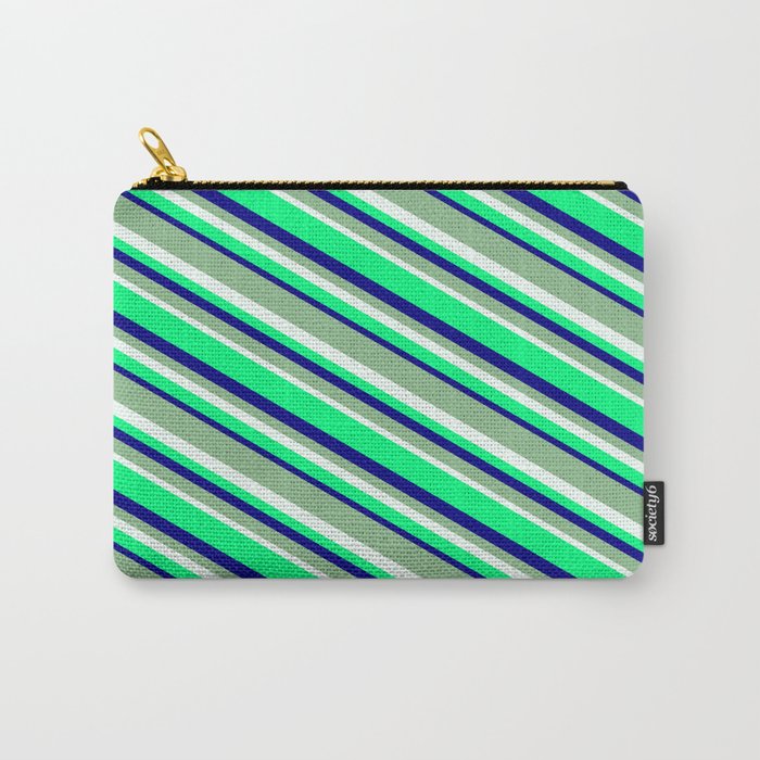 Dark Sea Green, Mint Cream, Green, and Blue Colored Striped Pattern Carry-All Pouch