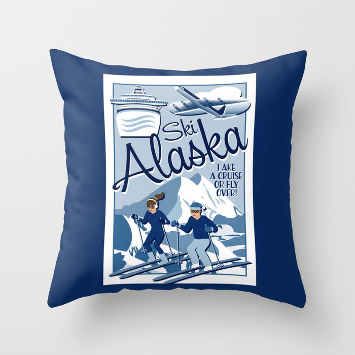 Vintage Style Ski Alaska Travel Poster // Skiing Adventure // Man and Woman Skiers // Navy, Slate, Blue, White Throw Pillow