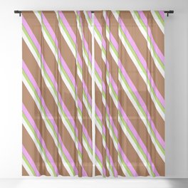 [ Thumbnail: Vibrant Green, White, Brown, Violet, and Black Colored Lines/Stripes Pattern Sheer Curtain ]