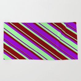 [ Thumbnail: Green, Maroon, and Dark Violet Colored Lined/Striped Pattern Beach Towel ]