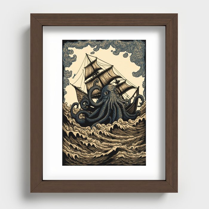 Vintage Kraken Ship Recessed Framed Print