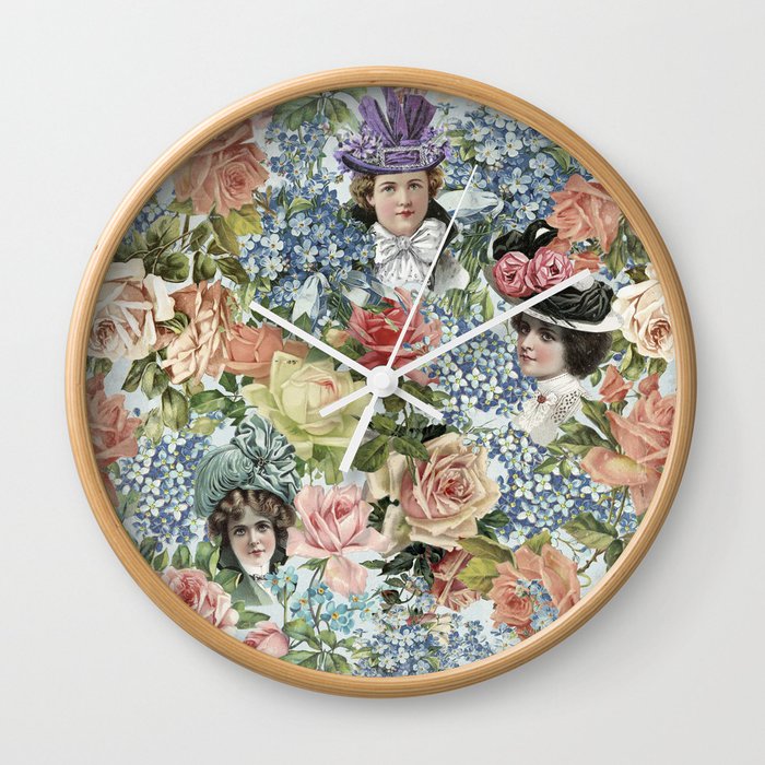 Vintage & Shabby Chic - Vintage Botanical Flower Lady with Hut Pattern Wall Clock