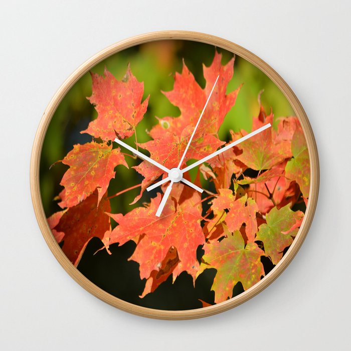 Fall Autumn Maple Leaves Red Orange Autumnal Colors Wall Clock