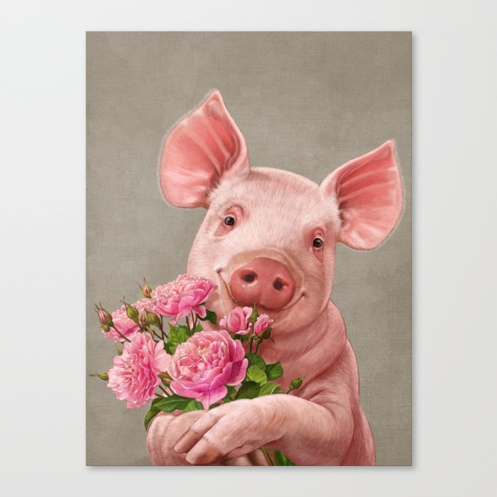 Pig In Love - with Peony Canvas Print
