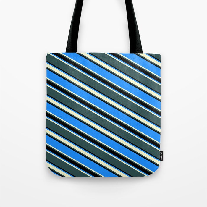 Blue, Light Yellow, Dark Slate Gray & Black Colored Striped/Lined Pattern Tote Bag