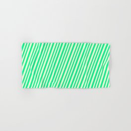 [ Thumbnail: Light Yellow and Green Colored Lined/Striped Pattern Hand & Bath Towel ]