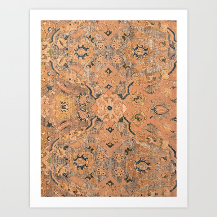 Persian Motif IV // 17th Century Ornate Rose Gold Silver Royal Blue Yellow Flowery Accent Rug Patter Art Print