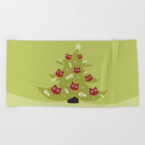 Cat Christmas Tree Beach Towel