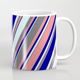 [ Thumbnail: Dim Grey, Light Coral, Dark Blue & Light Cyan Colored Stripes Pattern Coffee Mug ]