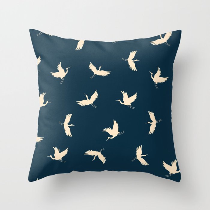 Japanese traditional seamless doodle pattern with flying birds cranes silhouette.  Throw Pillow