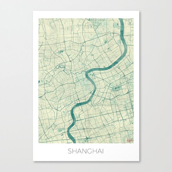 Shanghai Map Blue Vintage Canvas Print