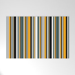 [ Thumbnail: Eyecatching Orange, Grey, Dark Slate Gray, White, and Black Colored Lined Pattern Welcome Mat ]