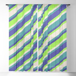 [ Thumbnail: Dark Blue, Chartreuse, Beige, and Teal Colored Stripes/Lines Pattern Sheer Curtain ]