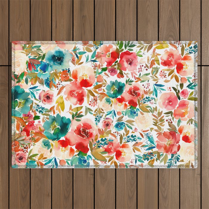 Red Turquoise Teal Floral Watercolor Outdoor Rug