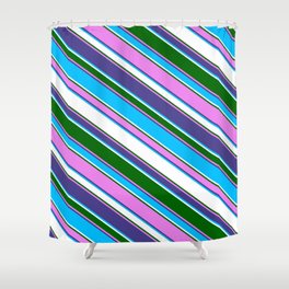 [ Thumbnail: Eyecatching Dark Slate Blue, Deep Sky Blue, White, Dark Green, and Violet Colored Pattern of Stripes Shower Curtain ]