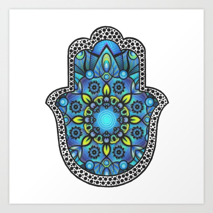 Colorful Blue Hamsa Hand Art Print by Gypsy Queen | Society6