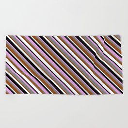 [ Thumbnail: Eyecatching Plum, Grey, Brown, White & Black Colored Striped/Lined Pattern Beach Towel ]