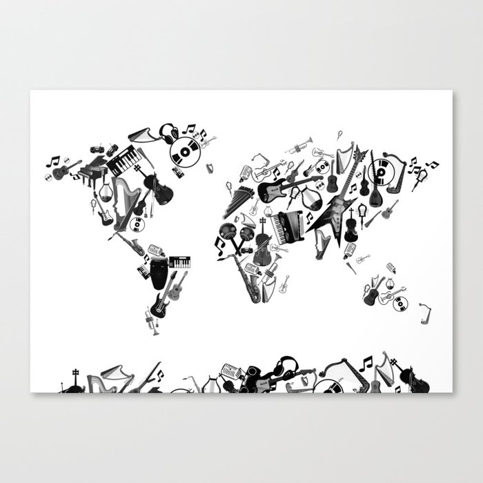 world map music black and white 1 Canvas Print