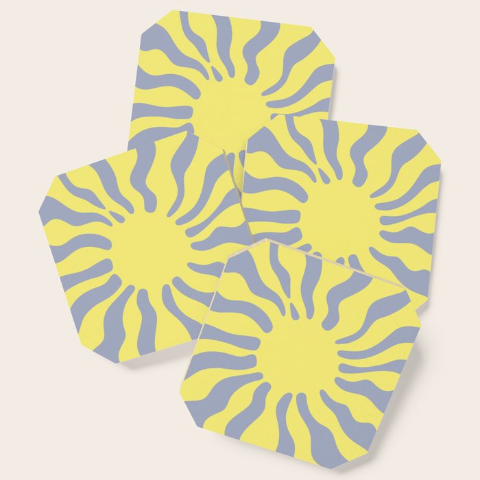 Sun Rays \\ Muted Blue Grey & Pastel Yellow Color Palette Coaster by