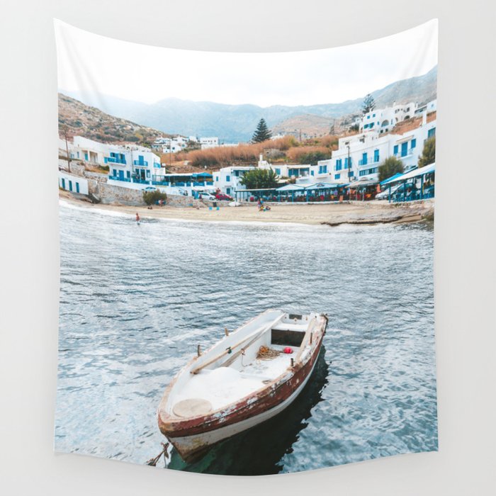 Small Fishers Boat in the Sea | Colorful Travel Photography on the Greek Islands Wall Tapestry